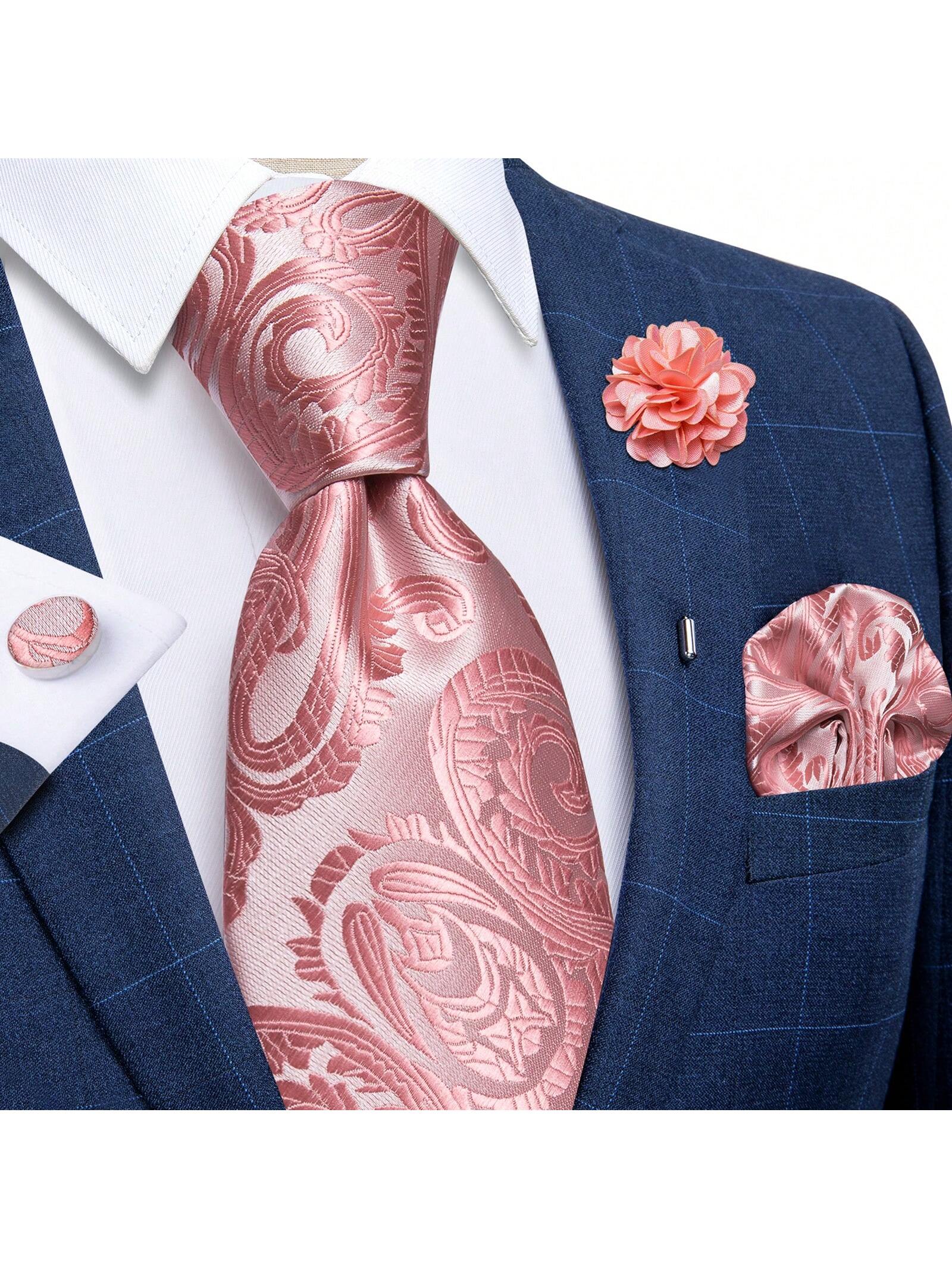 DiBanGu мужские галстуки, розовый зеленая клетка горошек галстуки для мужчин свадебная вечеринка роскошные мужские галстуки и нагрудный платок комплект брошь модные аксес