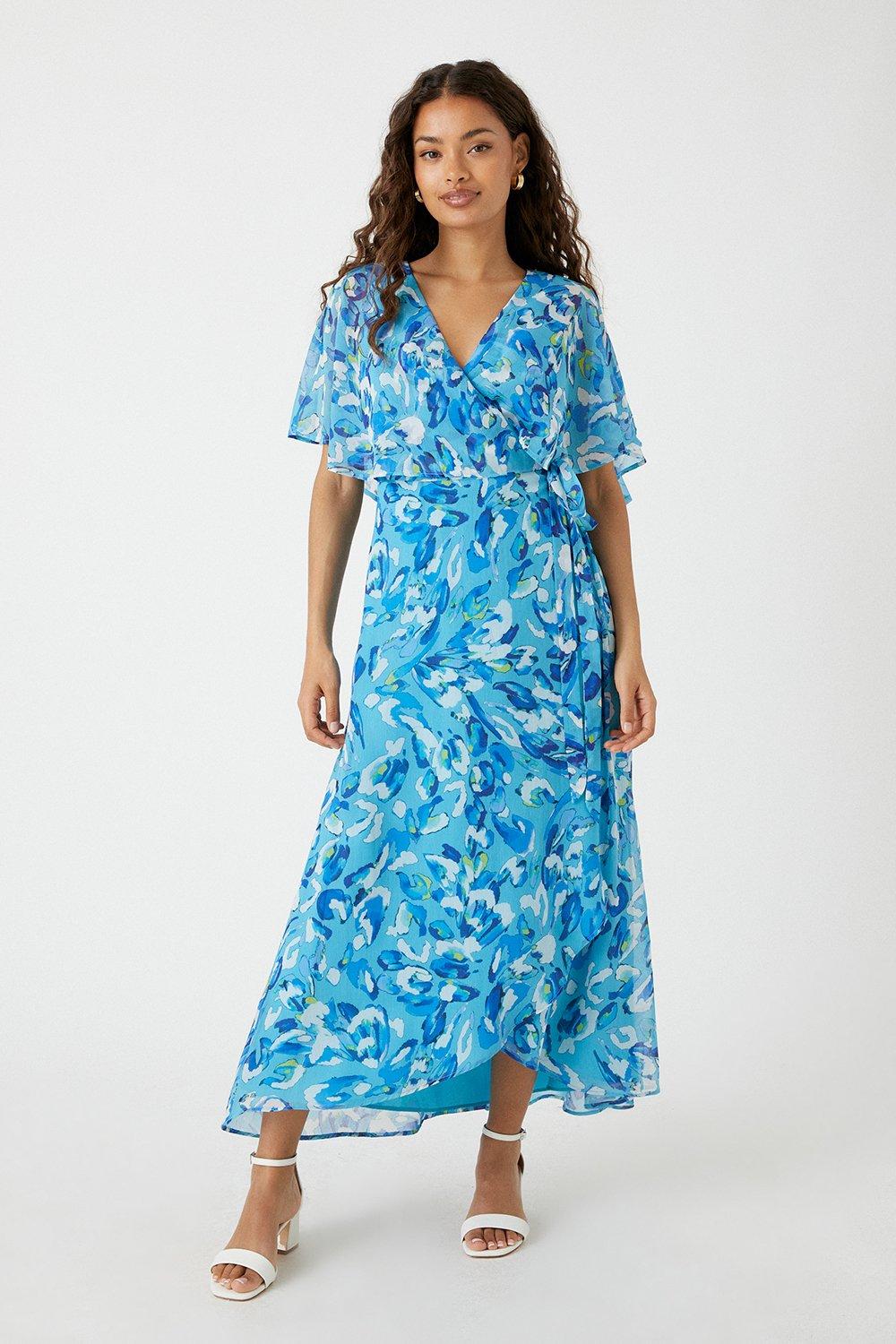 цена Платье миди Petite Aqua с абстрактным принтом и рукавами ангела Wallis, синий