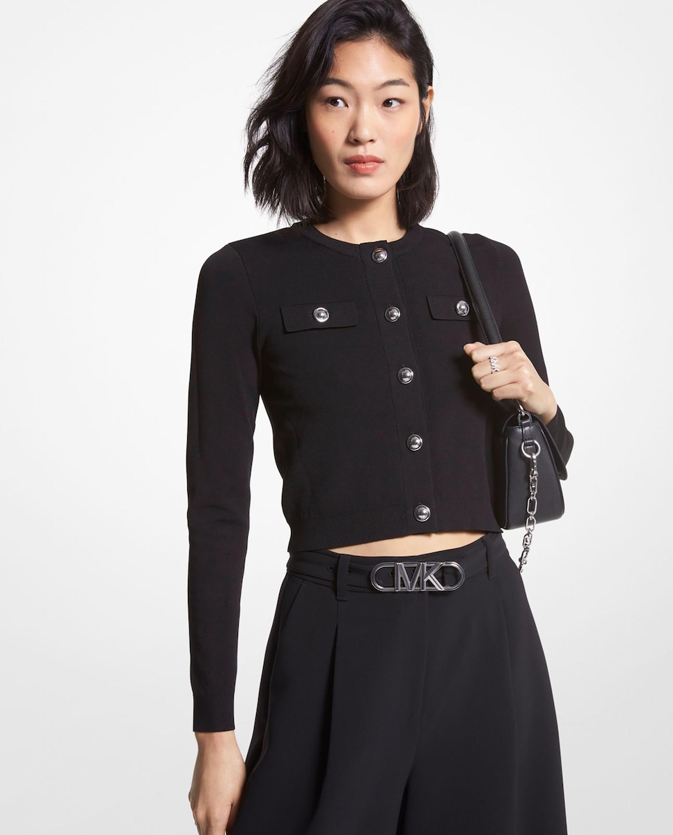 Женская куртка эластичного трикотажа на пуговицах Michael Michael Kors, черный футболка baon вискоза однотонная трикотаж размер xs бежевый