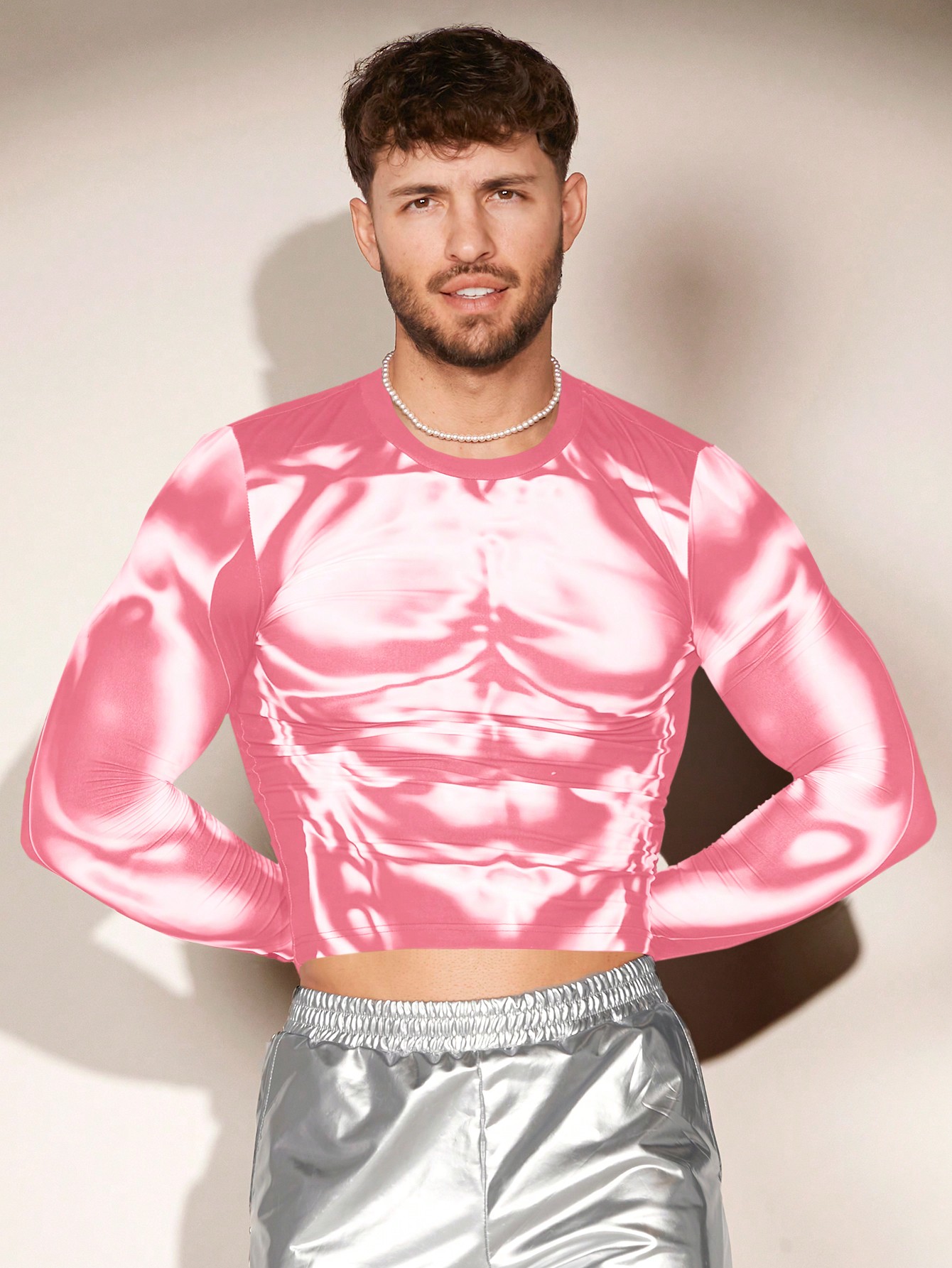 Мужская трикотажная футболка свободного кроя FeverCity с длинными рукавами и принтом человеческого тела, розовый