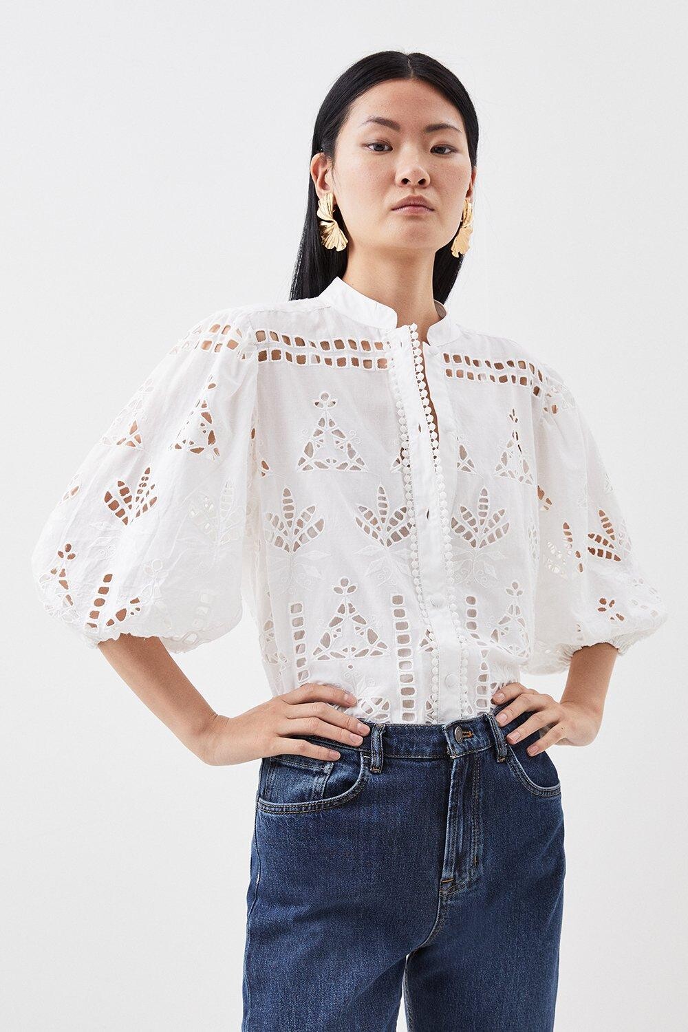 

Хлопковый тканый топ с вышивкой бродери Karen Millen, белый