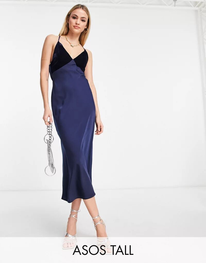Темно-синее атласное платье-комбинация миди с бархатным лифом ASOS DESIGN Tall