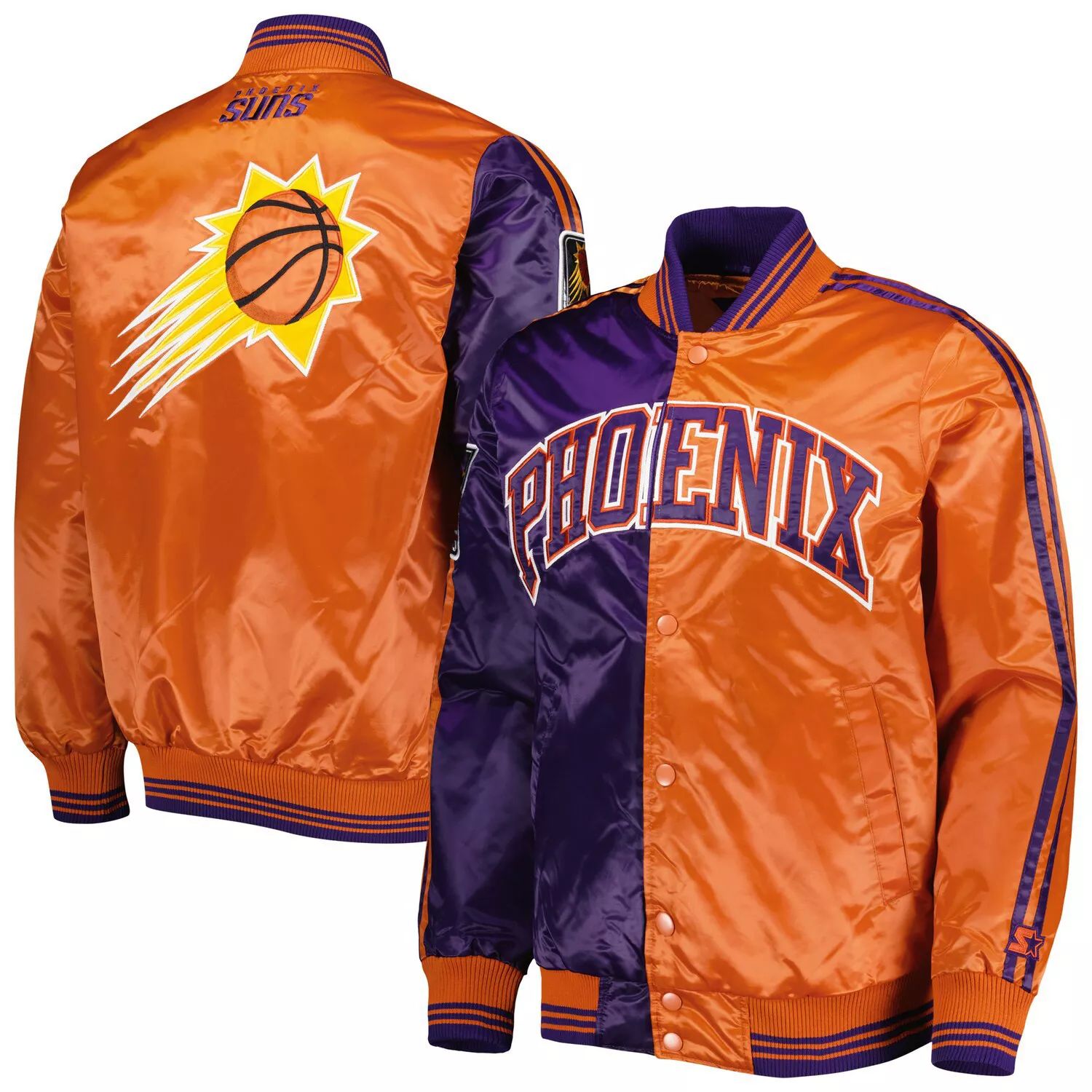 Мужская фиолетово-оранжевая куртка Phoenix Suns из атласа с быстрыми кнопками и кнопками Starter