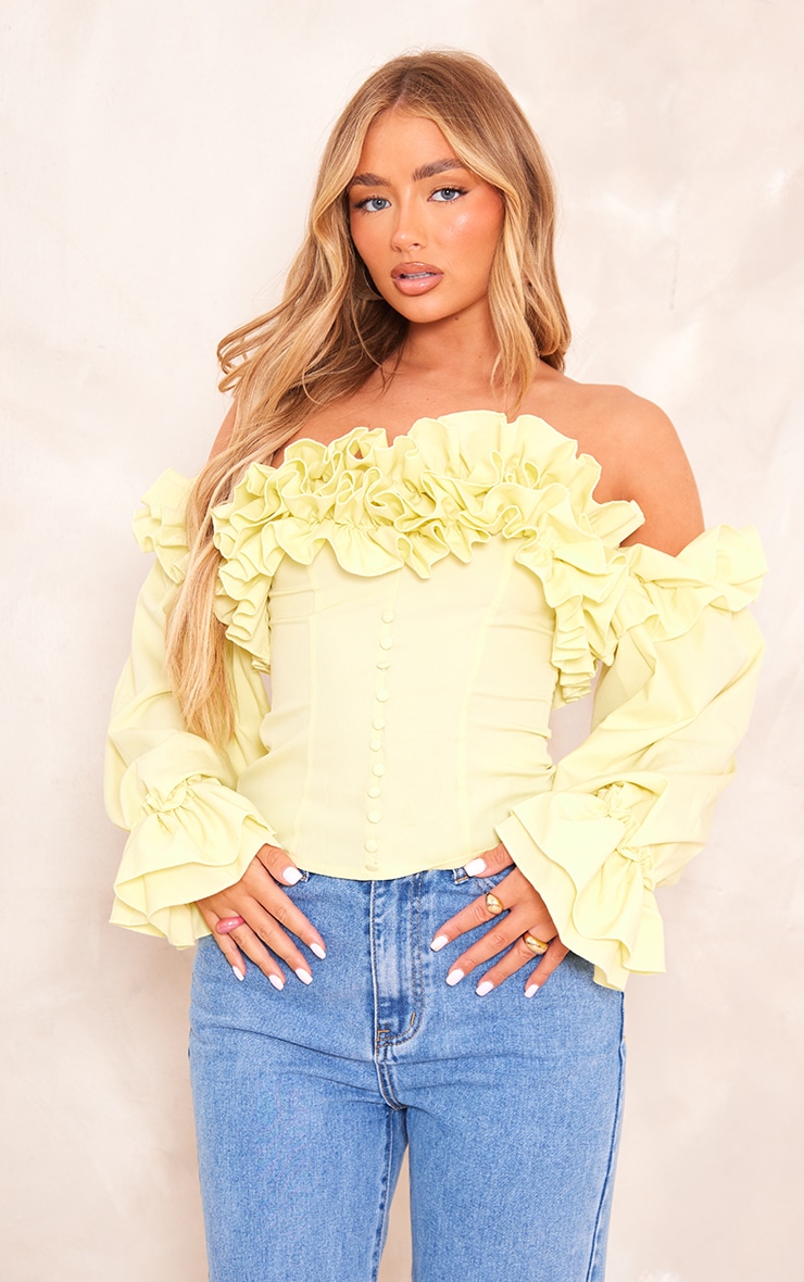 PrettyLittleThing Лимонная блузка с открытыми плечами и длинными рукавами с рюшами по низу кружевная лоскутная блузка с открытыми плечами хаки