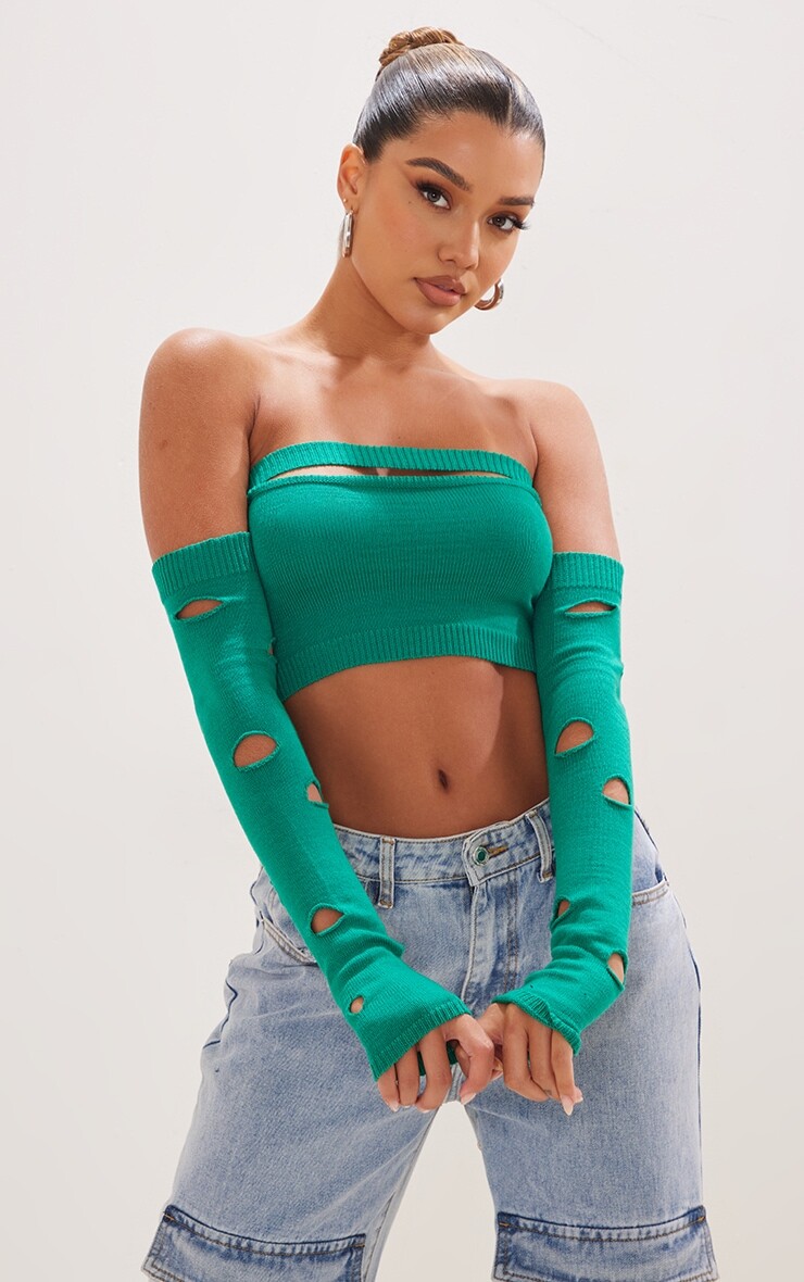 

PrettyLittleThing Лесно-зеленый вязаный топ с вырезами и длинными рукавами Bardot