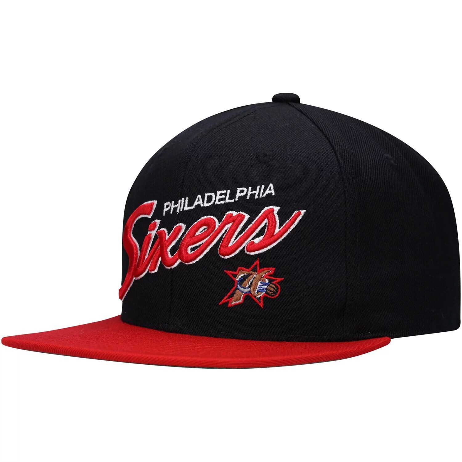 

Мужская приталенная шляпа Mitchell & Ness черно-красная Philadelphia 76ers Team Script 2.0