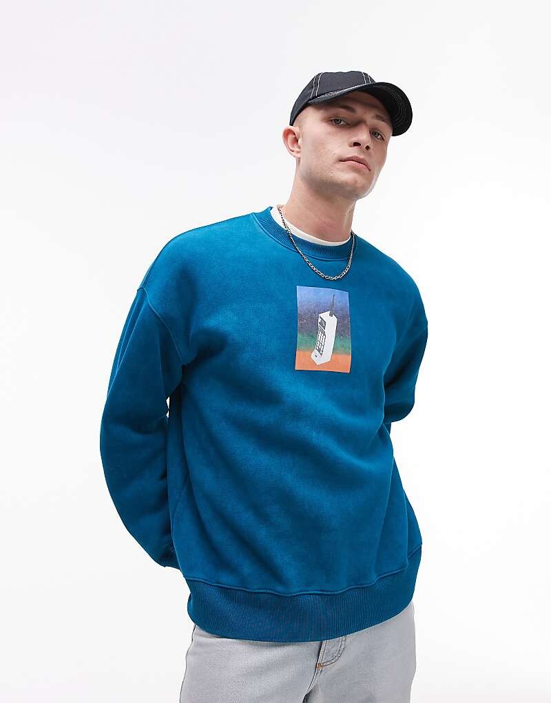

Зеленая толстовка оверсайз Topman с принтом в виде мобильного телефона
