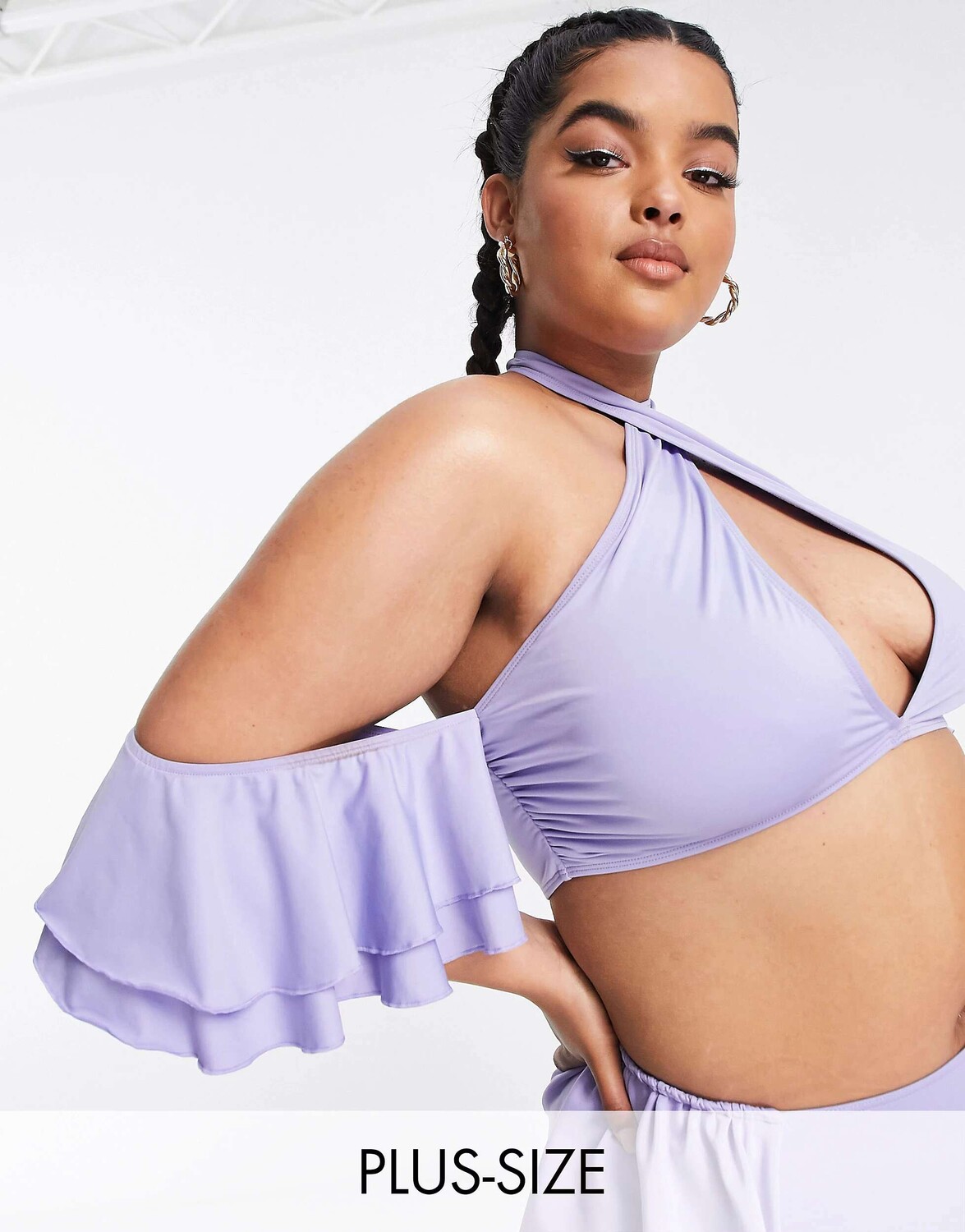 

Сиреневый бикини-топ с перекрестным вырезом и рукавами и оборками ASOS LUXE Curve