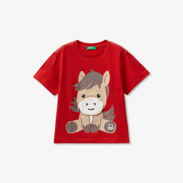 футболка хлопковая с принтом красный 10 лет Хлопковая футболка с принтом «лошадь» 18 месяцев-6 лет Benetton, красный
