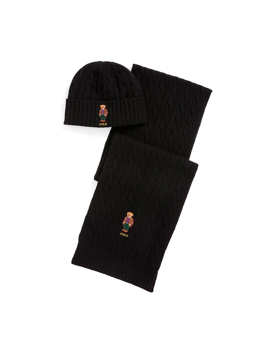 

Мужской комплект из шапки и шарфа с стяжками и вышитым мишкой Polo Ralph Lauren, черный