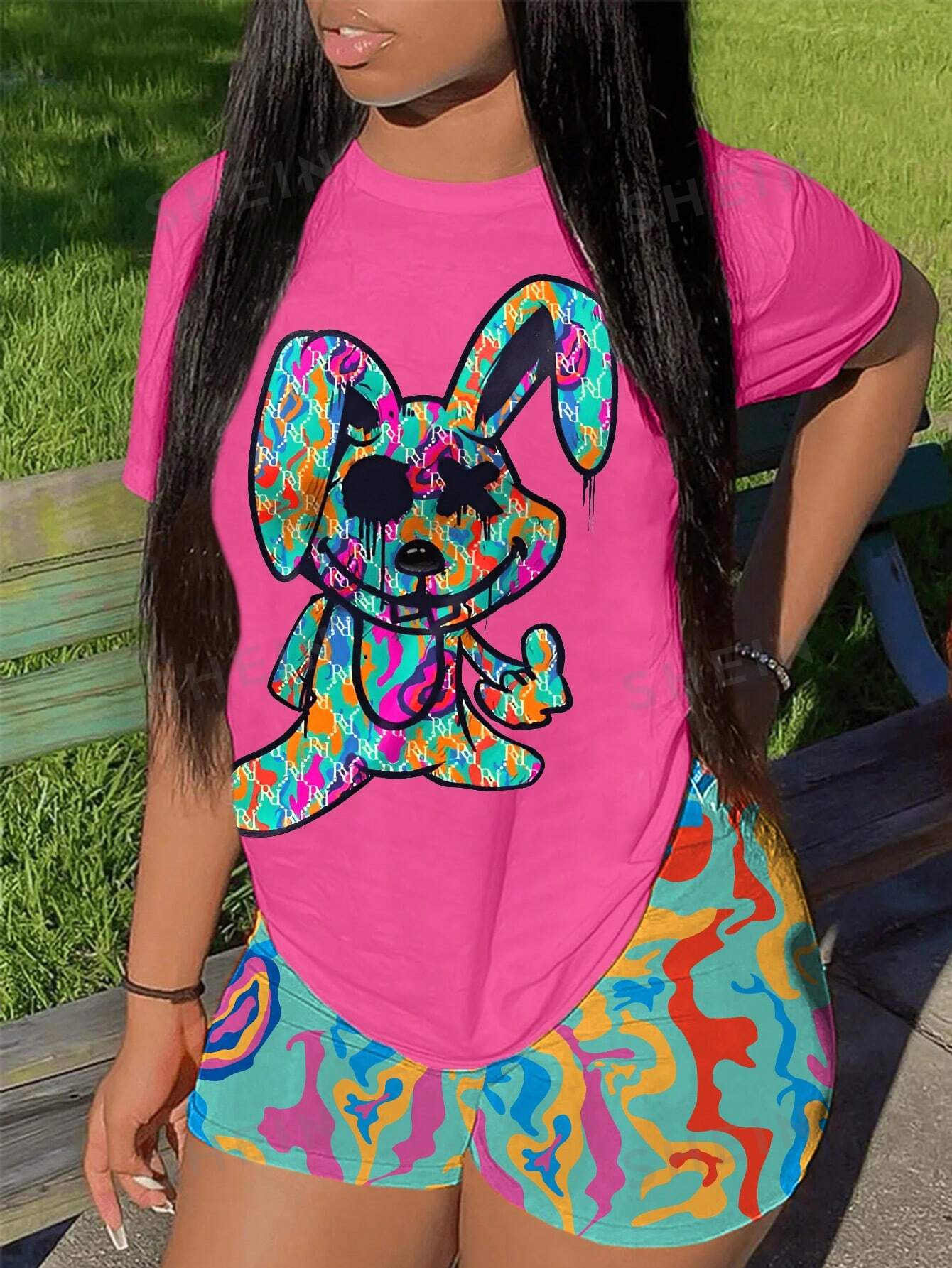 SHEIN LUNE Женский топ с принтом кролика и шорты с произвольным рисунком, ярко-розовый стикеры для заметок с милым мультяшным кроликом и медведем 50 листов
