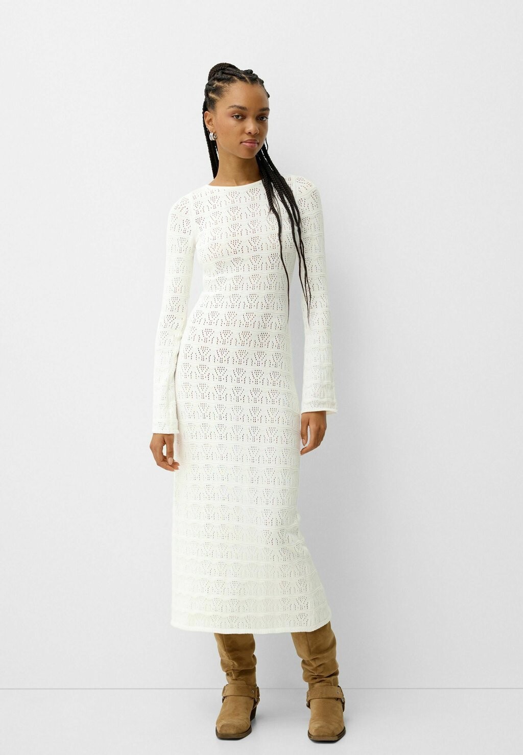 

Платье макси RUSTIC OPENWORK, MAXI Bershka, белый