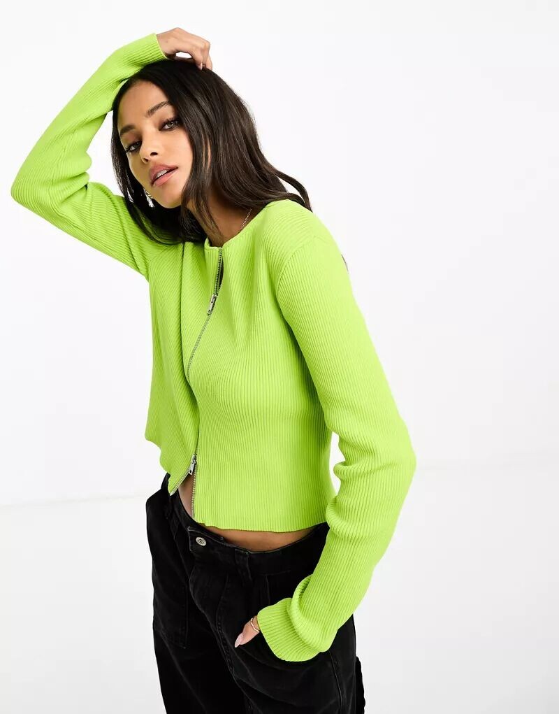 

Зеленый трикотажный топ в рубчик на молнии Monki
