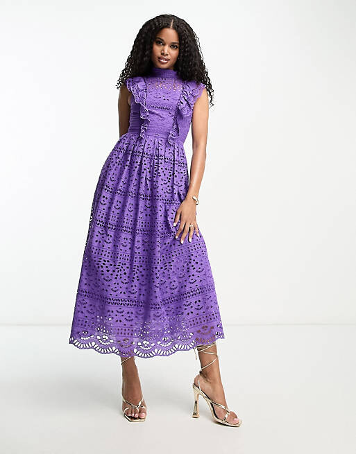 

Фиолетовое кружевное платье миди с бантом на спине ASOS DESIGN, Фиолетовый