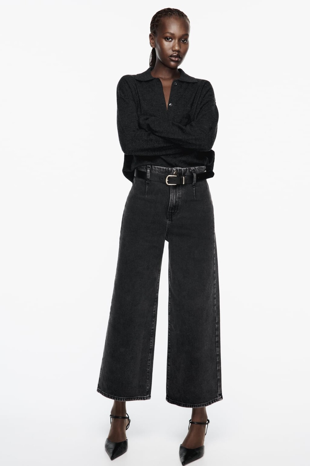 

Укороченные джинсы z1975 с высокой талией и поясом ZARA, черный