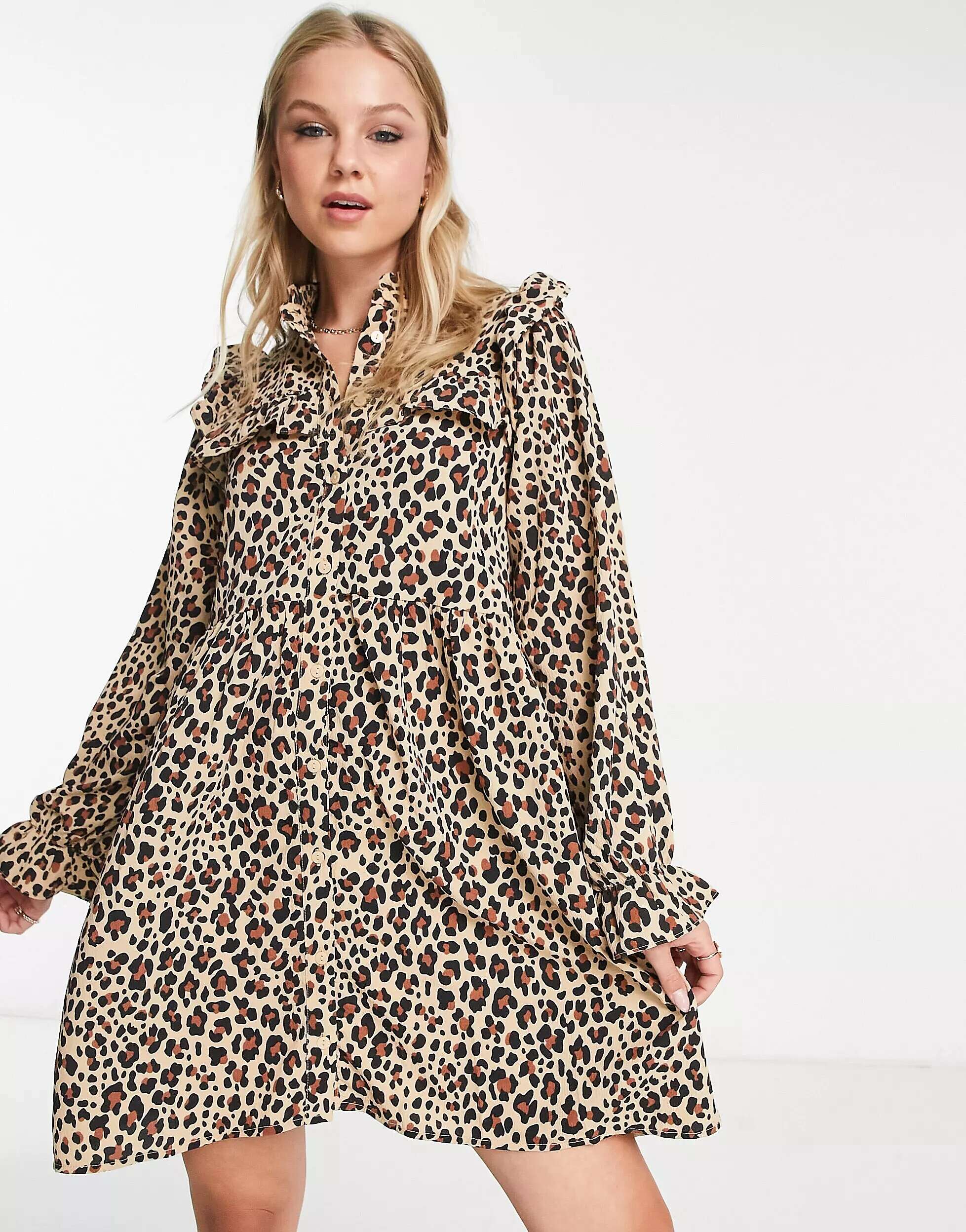 Мини-платье Monki с оборками и леопардовым принтом цена и фото