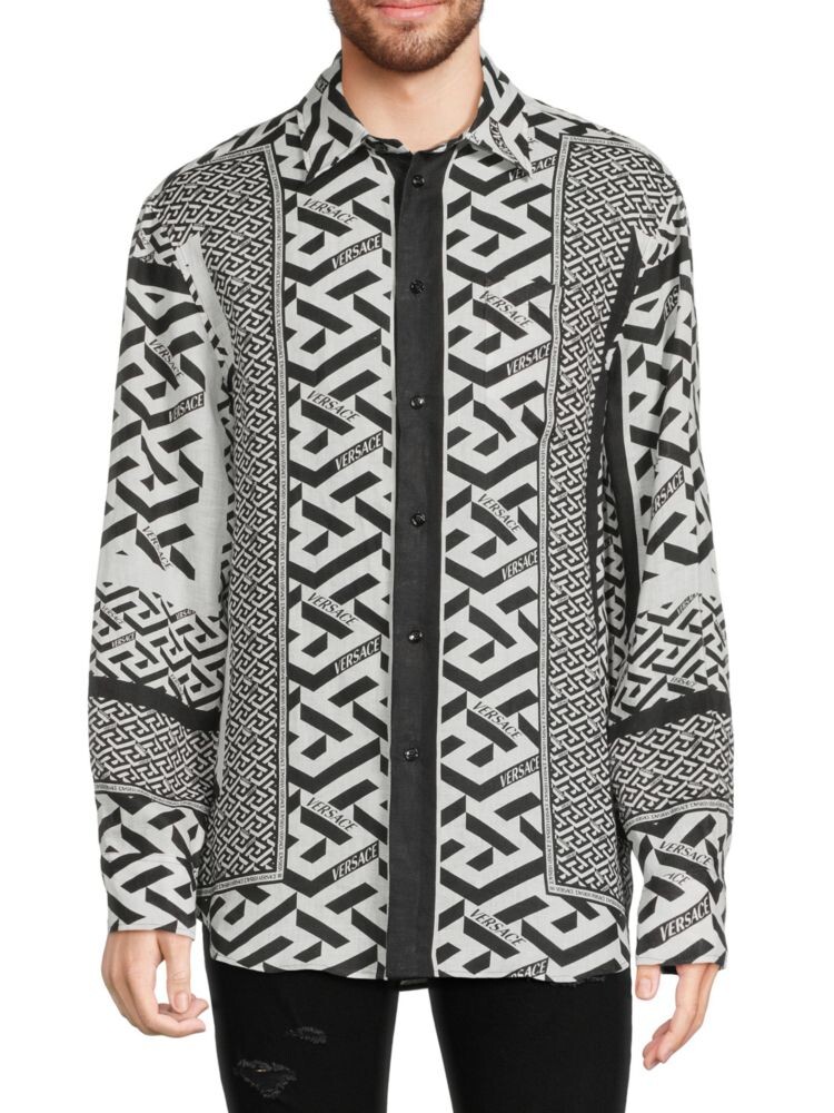

Льняная рубашка на пуговицах с геометрическим рисунком Versace, цвет Black White