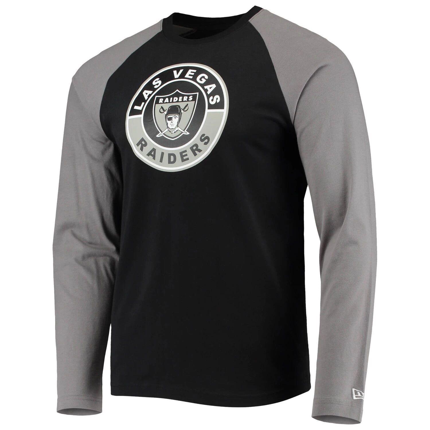 мужская черная футболка с капюшоном и длинными рукавами las vegas raiders raglan с капюшоном starter черный Мужская черная/серая футболка New Era с длинными рукавами Las Vegas Raiders League Raglan Throwback