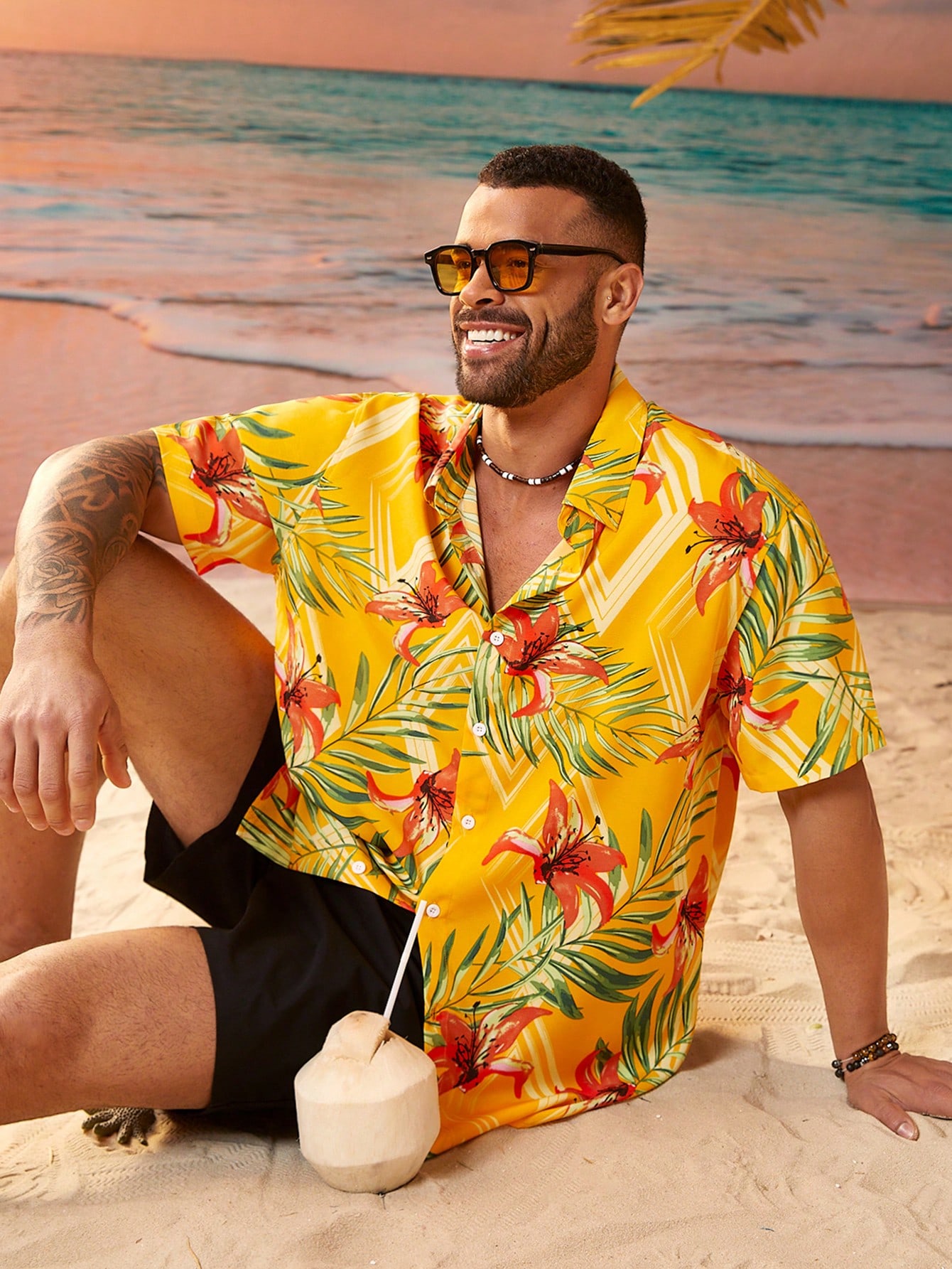 Мужская повседневная рубашка с коротким рукавом Manfinity RSRT больших размеров с тропическим принтом, желтый повседневная мужская пляжная гавайская рубашка с коротким рукавом летняя рубашка с тропическим принтом и пуговицами мужская азиатская мо