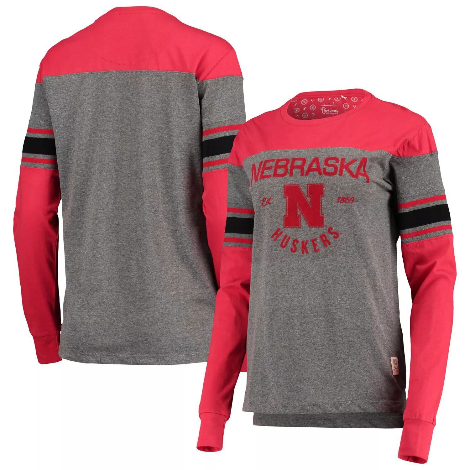 

Женская футболка Pressbox Scarlet/Heathered Grey Nebraska Huskers Lizzy Flocking в полоску с длинными рукавами