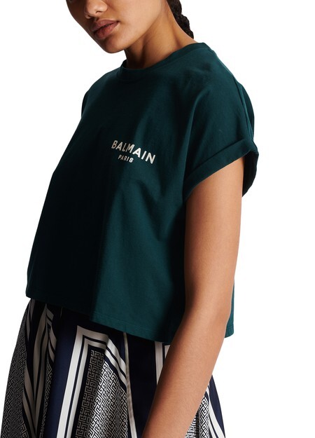 

Короткая футболка из флокированного хлопка с небольшим логотипом Balmain Balmain, зеленый
