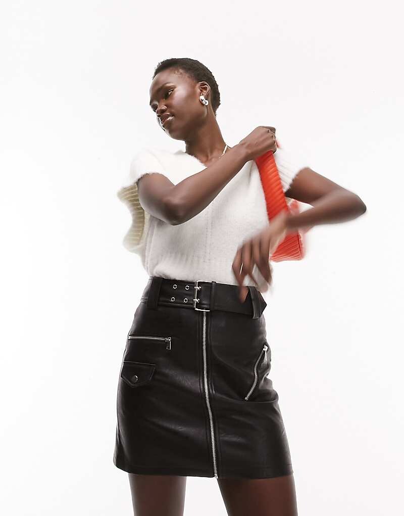 

Topshop Tall – черная кожаная мини-юбка в байкерском стиле
