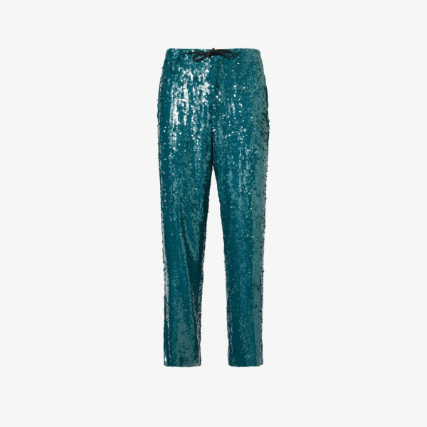 Широкие тканые брюки средней посадки с пайетками Dries Van Noten, зеленый