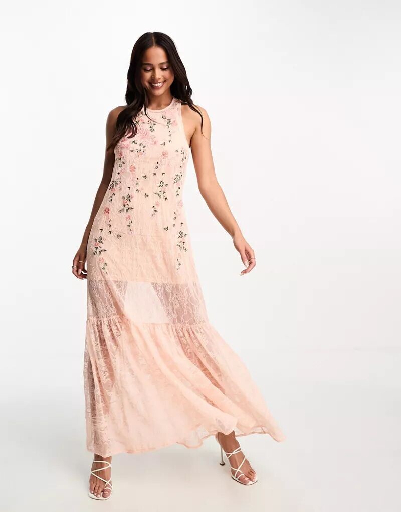 

Розовое кружевное платье макси с розовой вышивкой Miss Selfridge