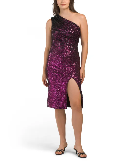 

Платье миди с пайетками Palmer на одно плечо Dress The Population, цвет Magenta