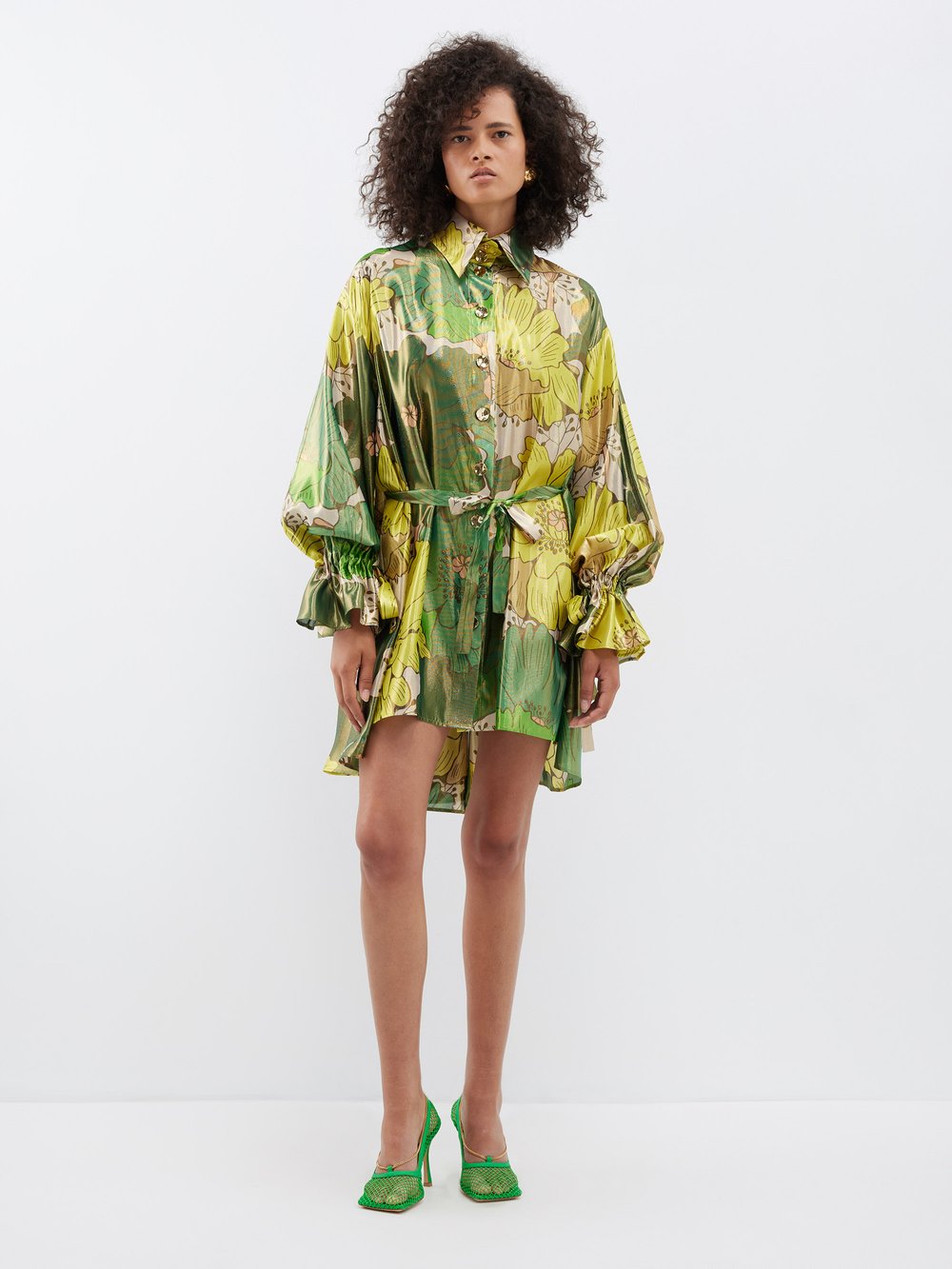 Платье-рубашка из смесового шелка и ламе с цветочным принтом Halpern, зеленый фото