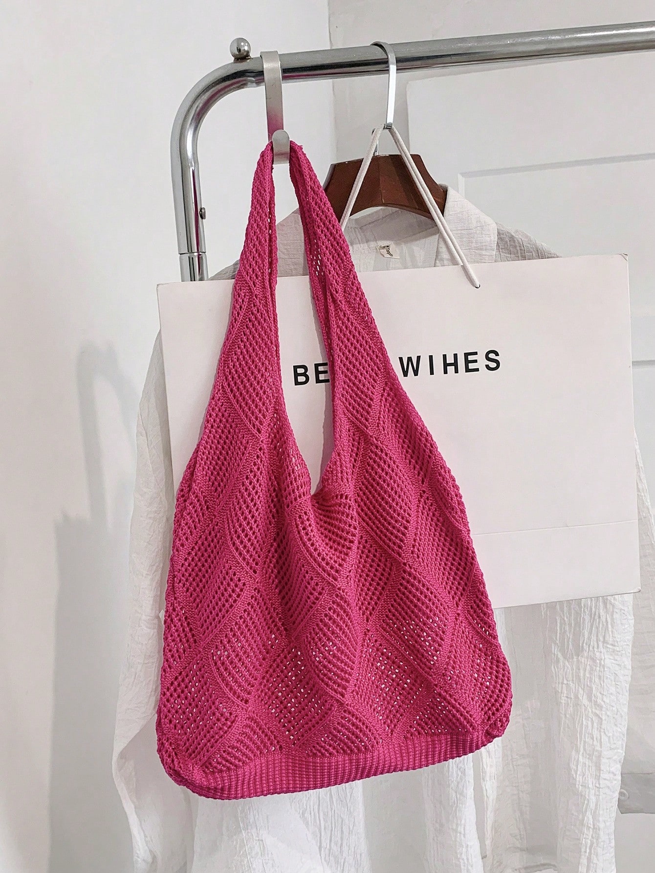 Модная вязаная сумка на одно плечо для женщин, ярко-розовый
