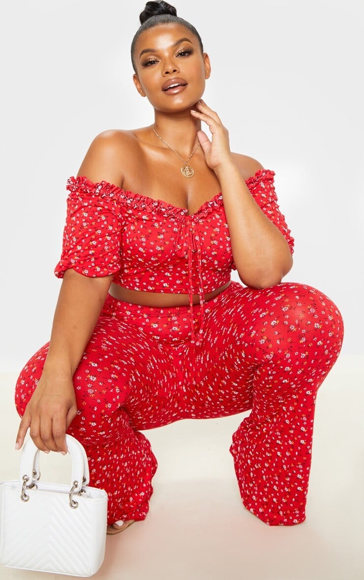 

PrettyLittleThing Красный укороченный топ со сборками спереди и цветочным принтом Plus