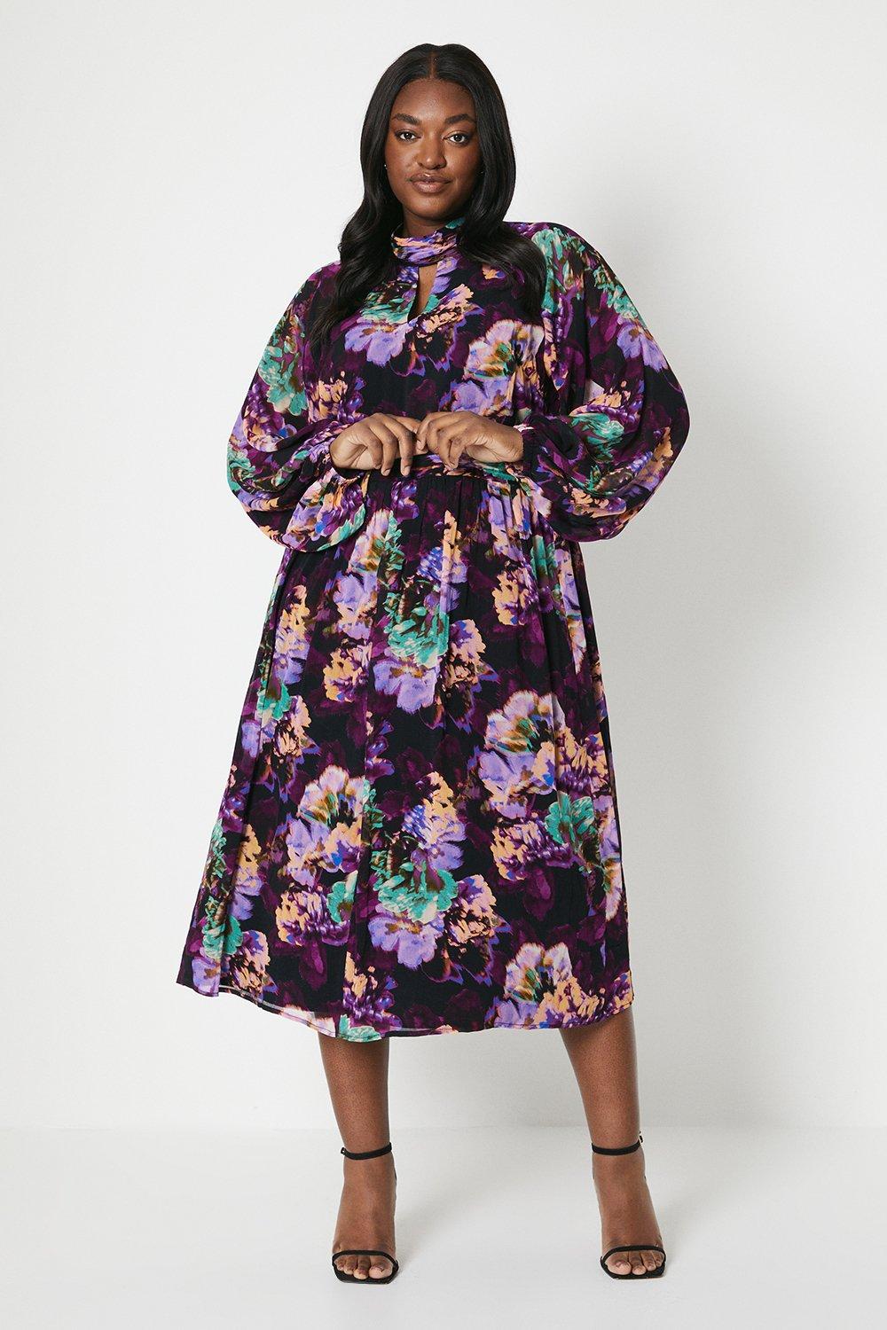 цена Платье мидакси с цветочным принтом и объемными рукавами Curve Wallis, фиолетовый