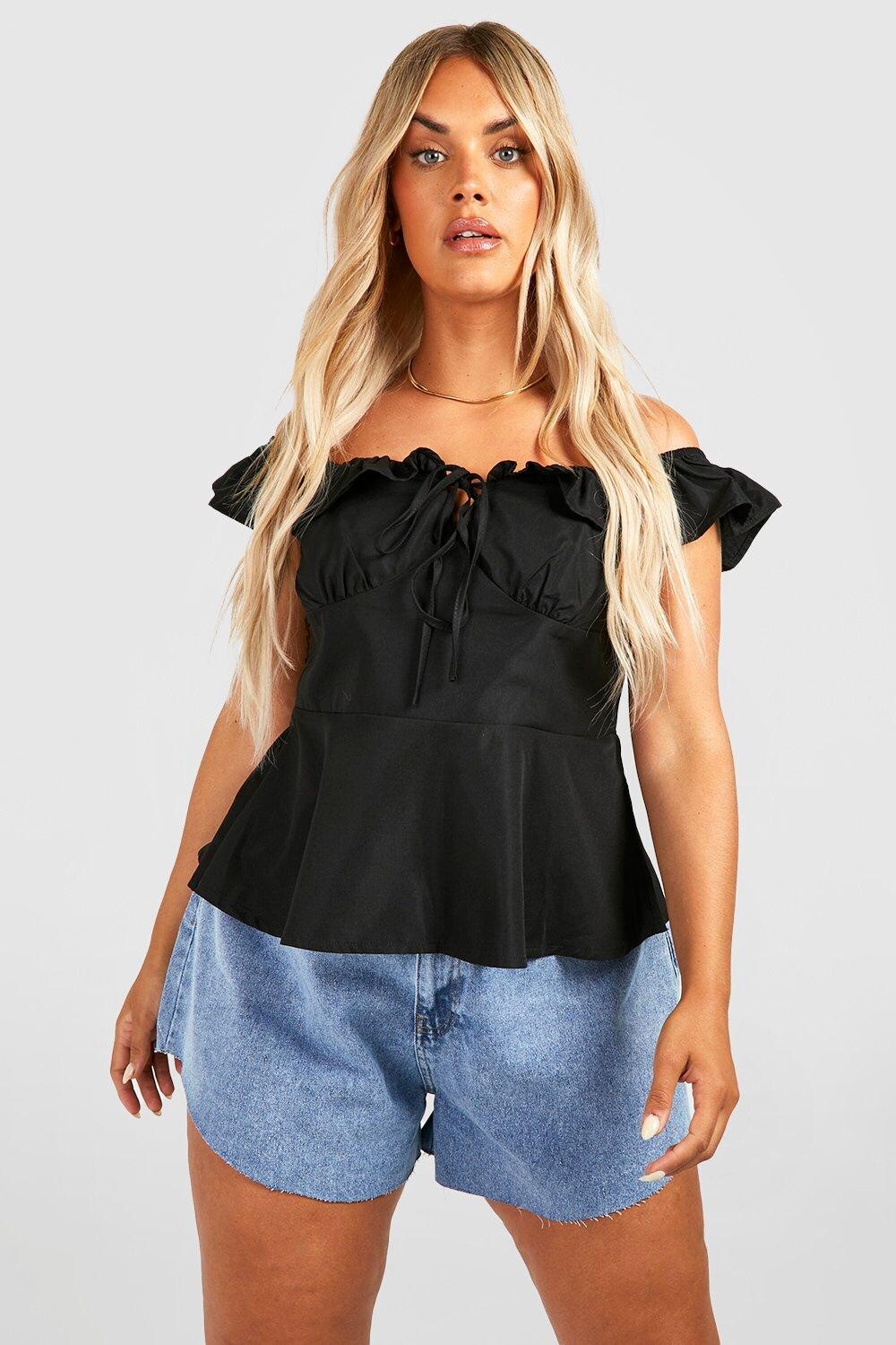 

Топ с баской и оборками на плечах Boohoo, черный
