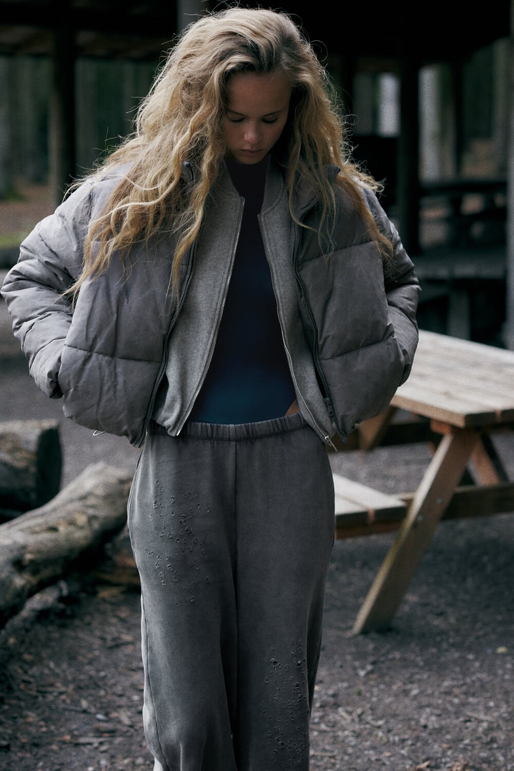 

Пуховик с эффектом потертостей ZARA, синий