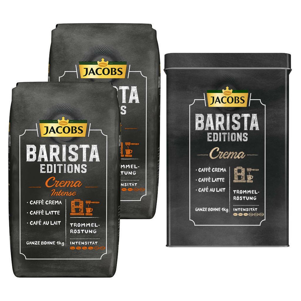 

Кофе JACOBS в зернах Barista Editions Crema Intense 2 цельных зерна по 1 кг + 1 алюминиевая банка в дизайне Barista 180s