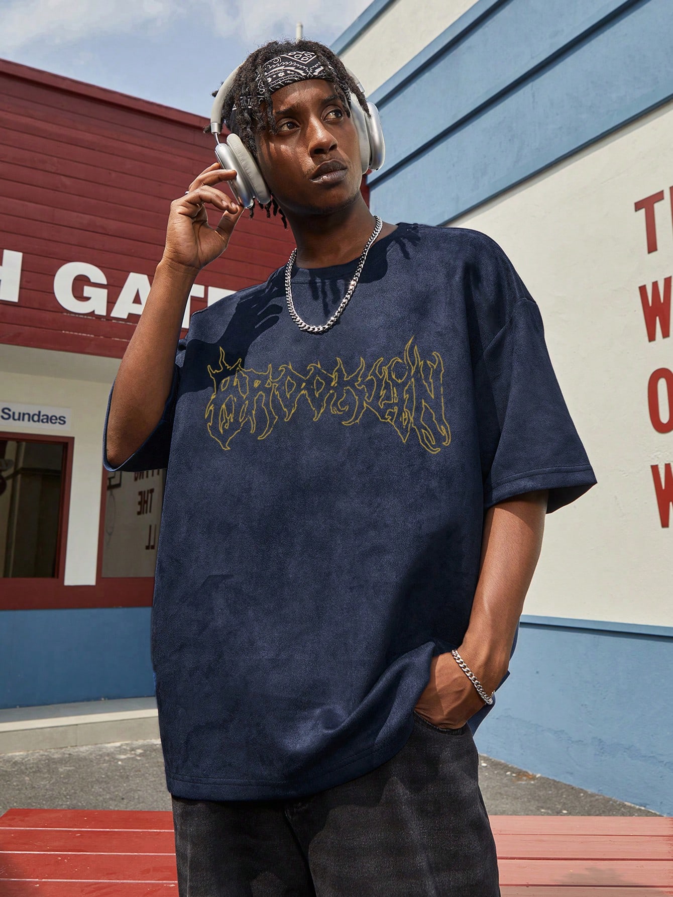 Мужская винтажная футболка из искусственной замши с буквенным принтом, синий