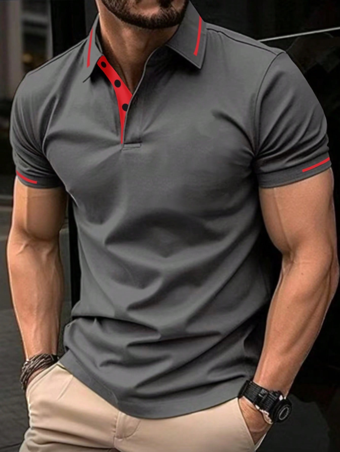 Мужская однотонная рубашка-поло с короткими рукавами, темно-серый фото