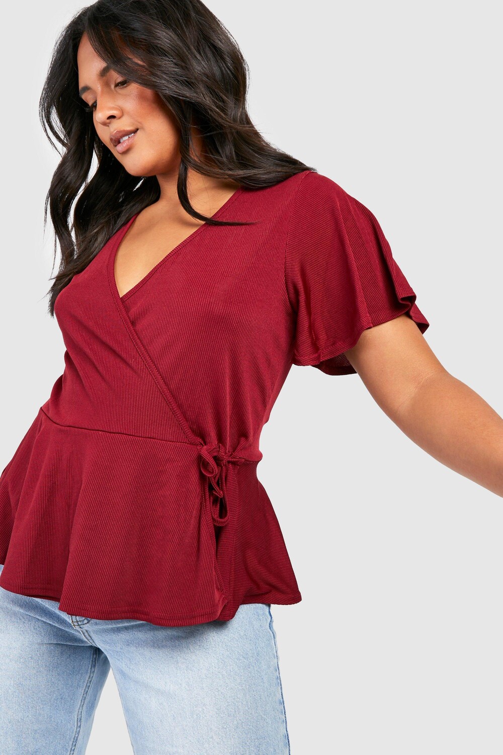 Топ с баской и рукавами plus rib wrap wrap Boohoo, ягодный