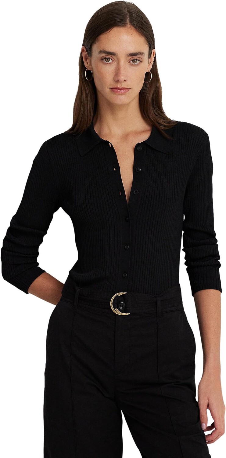 

Свитер Petite Rib-Knit Long-Sleeve Polo Cardigan LAUREN Ralph Lauren, черный