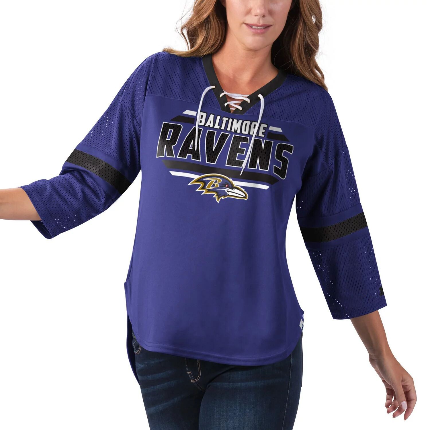 

Женская стартовая фиолетовая футболка Baltimore Ravens Lead Game на шнуровке с v-образным вырезом и рукавами 3/4 Starter, Фиолетовый