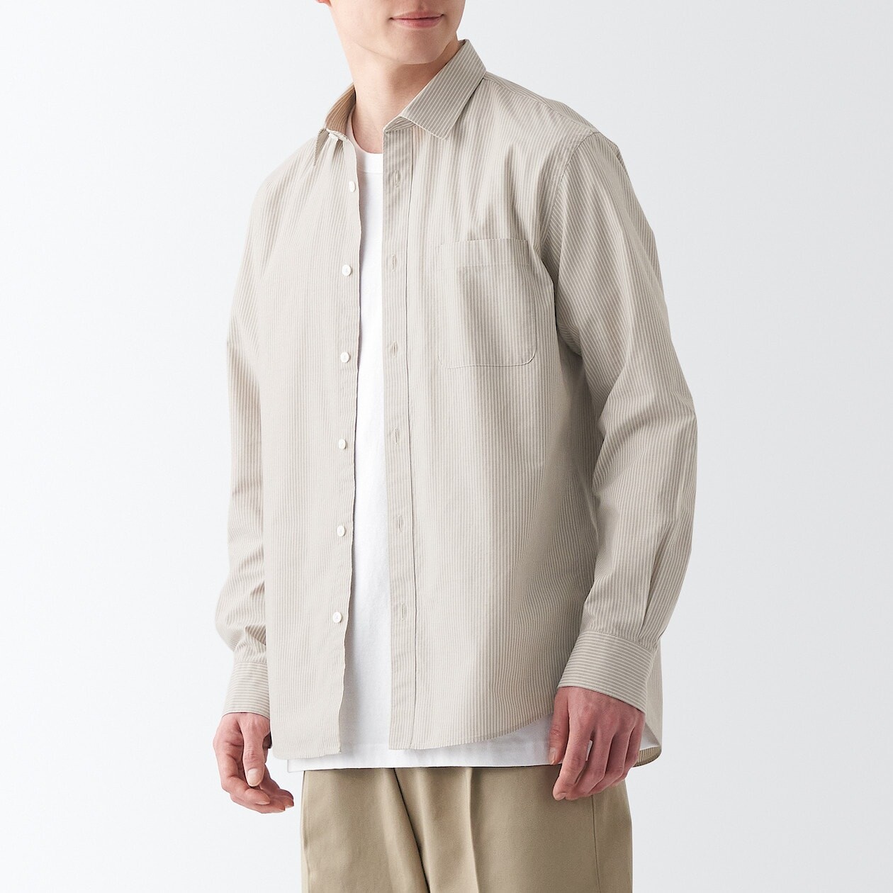 

Стираная рубашка с широкими и длинными рукавами MUJI, бежевая полоска