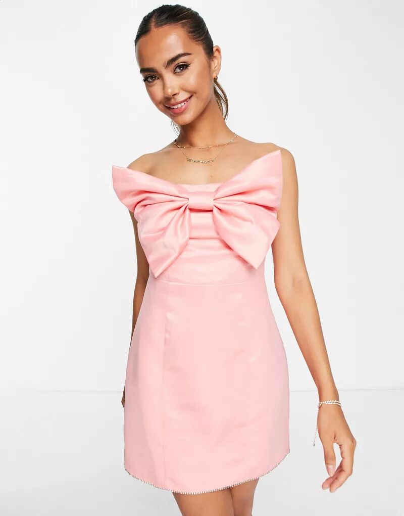 Розовое атласное мини-платье премиум-класса с бантом спереди и отделкой из бисера Band Of Stars
