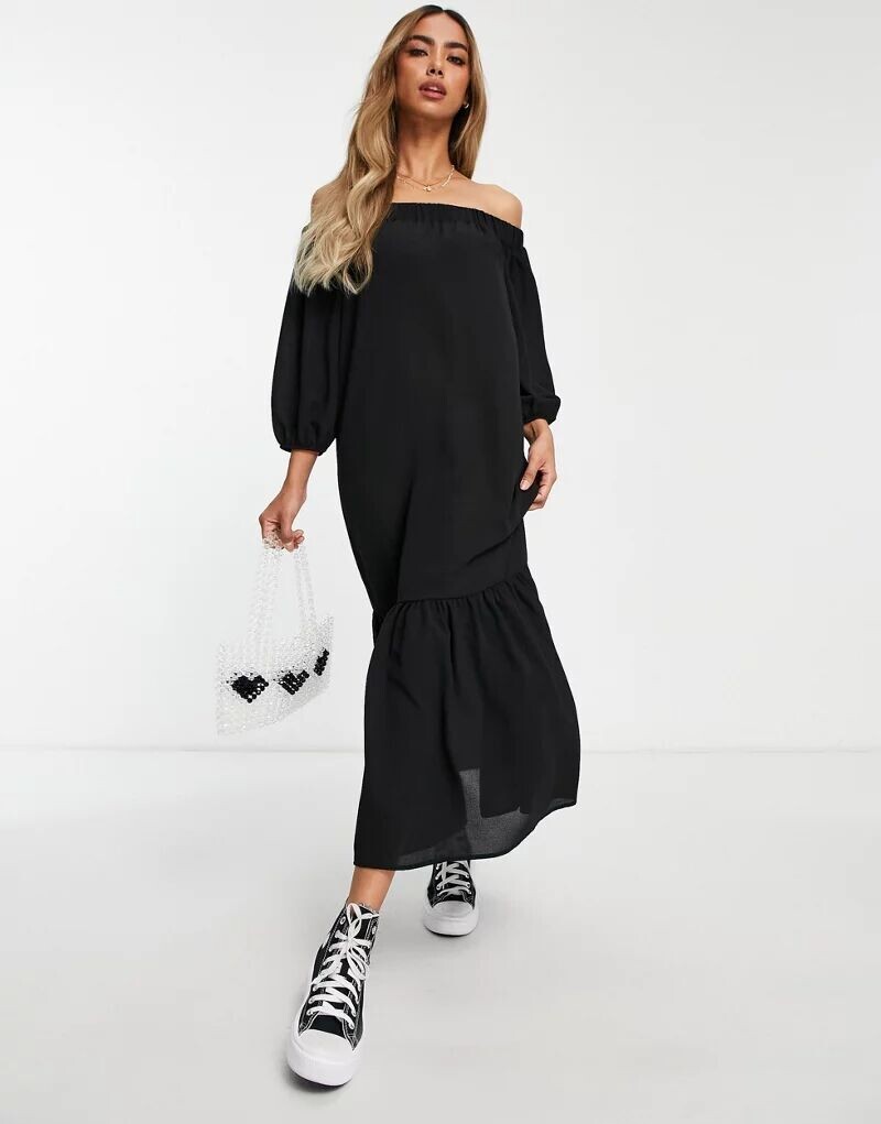 

Черное платье макси с открытыми плечами и трапецией ASOS