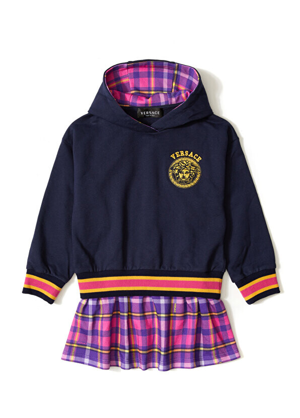 

Темно-синее платье для девочек с капюшоном и вышитым логотипом Versace