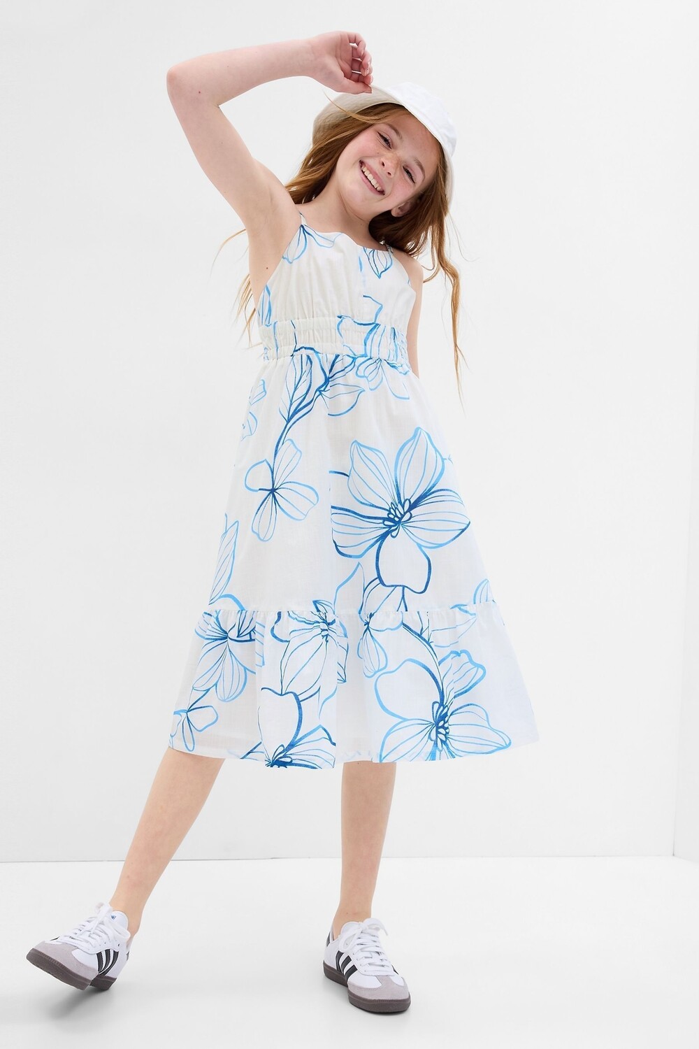 

Свободное каскадное платье из хлопка и льна с цветами Gap, синий
