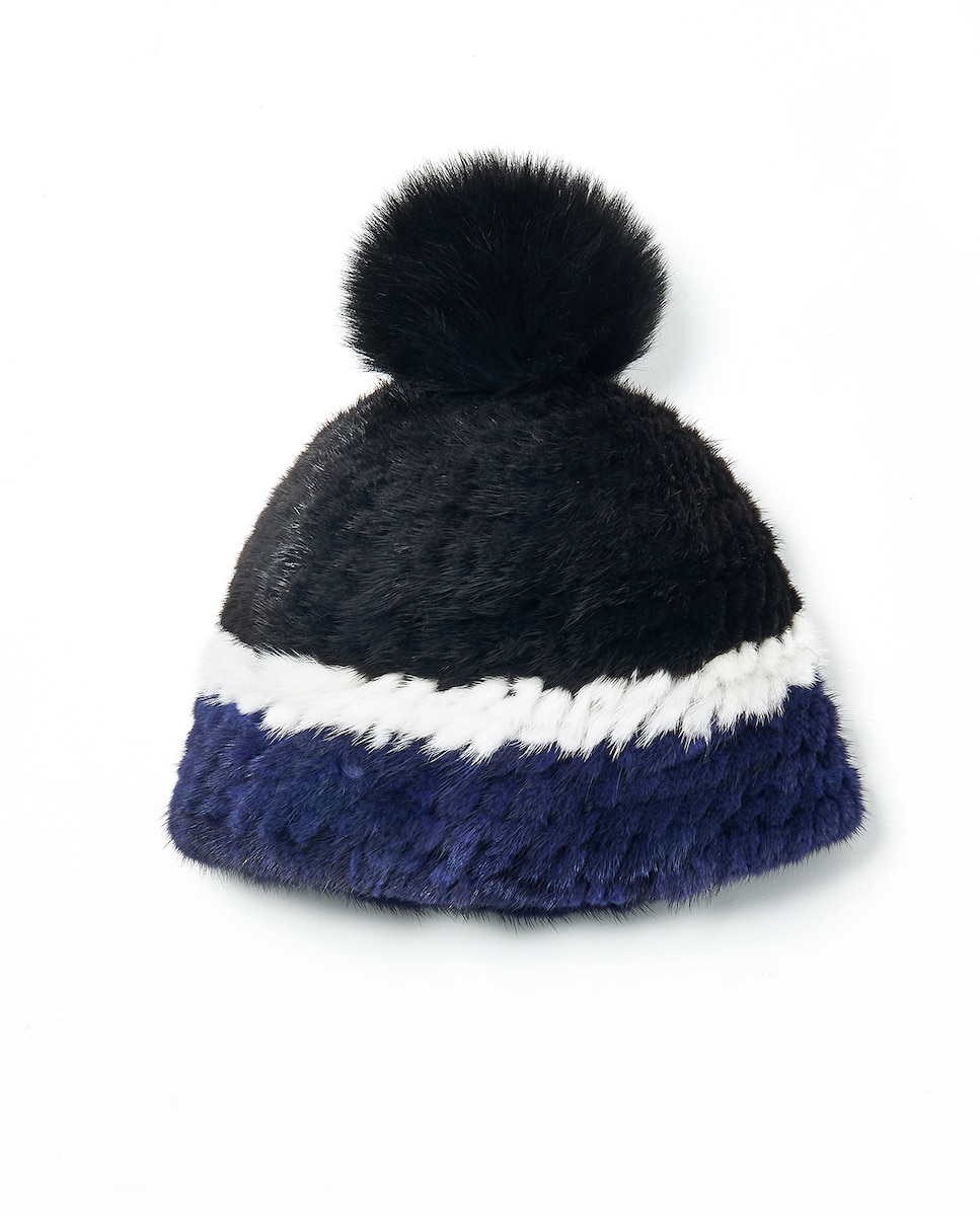 Женская шапка из норки с помпоном из трехцветной лисы темно-синего цвета Maximilian, мультиколор