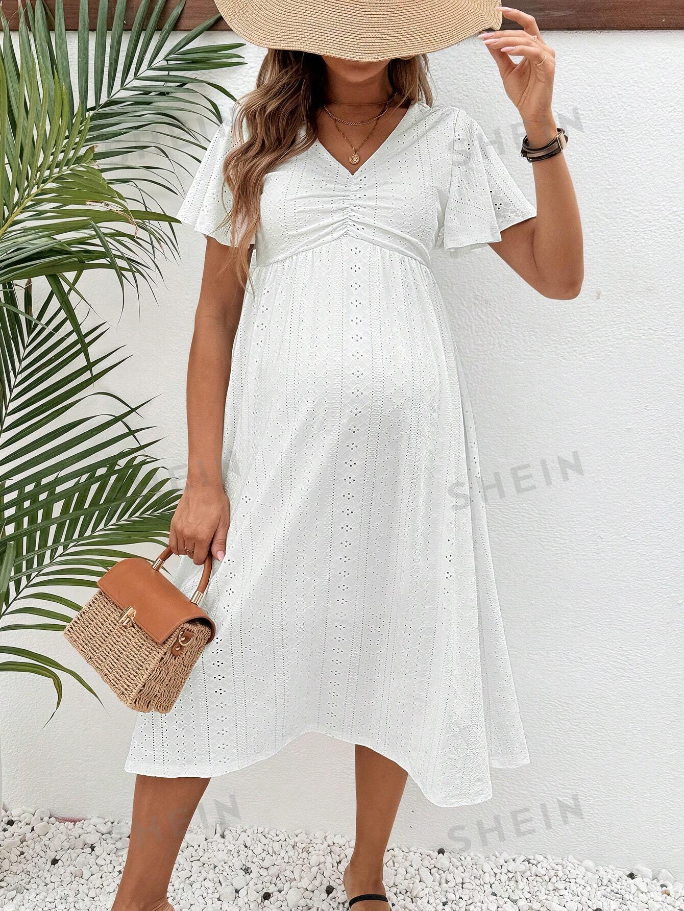 цена SHEIN Платье Schiffy для беременных с v-образным вырезом и развевающимися рукавами, белый