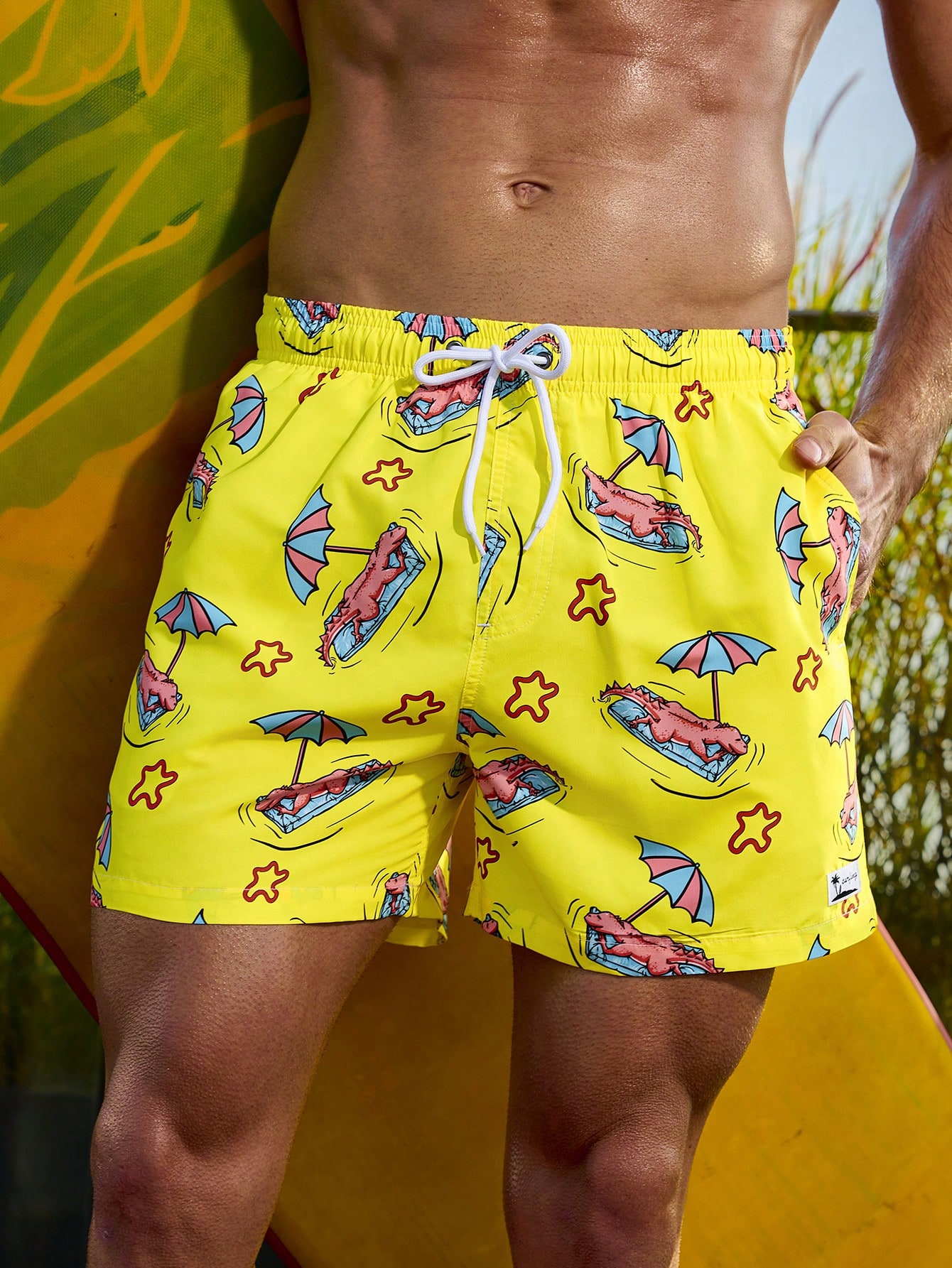 Мужские пляжные шорты с принтом для отдыха, желтый цена и фото