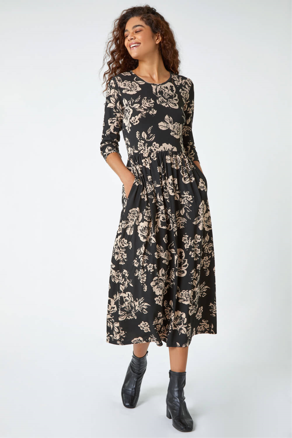 Черное эластичное платье миди с карманами и цветочным узором Roman платье с длинными рукавами из мольтона с цветочным принтом 12 лет 150 см каштановый